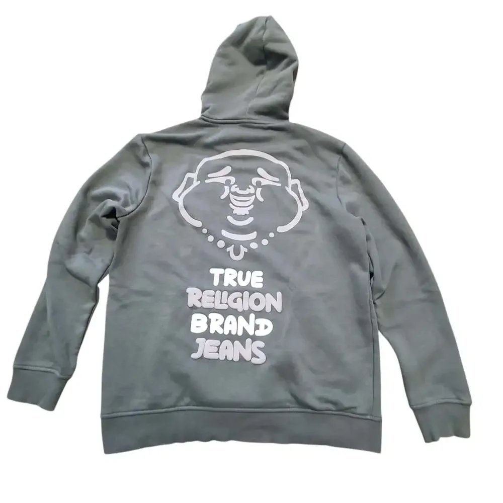 True Religion Men's M Drip Horseshoe Buddha Graphic Pullover Hoodie Olive Green
